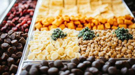 A vibrant display of snacks and candies arranged neatly in a retail setting, offering a delightful assortment for shoppers seeking tasty treats and unique flavors.の素材
