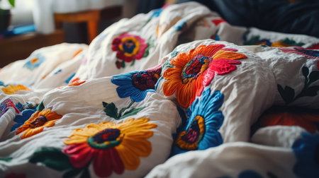 Embrace the charm of cozy living with this vibrant embroidered quilt featuring colorful floral designs that provide warmth and comfort in a homey bedroom setting.の素材