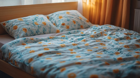 A serene and inviting bedroom featuring soft floral bedding and plush pillows, illuminated by warm sunlight, creating a relaxing oasis for restful sleep and comfort.の素材