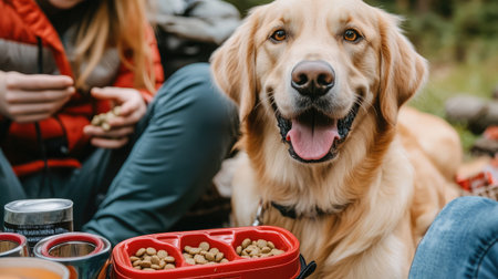A joyful golden retriever enjoys a meal while surrounded by people in a beautiful outdoor setting, showcasing the bond between pets and their owners amidst nature's tranquility.の素材