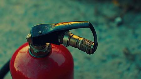 A detailed close-up of a fire extinguisher nozzle, highlighting essential safety equipment for effective fire control and prevention during emergencies.の素材