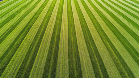 Stunning aerial shot of a green agricultural field displaying rows of crops. The image captures the beauty of nature's patterns, sunlight, and agricultural landscape, evoking tranquility.の素材
