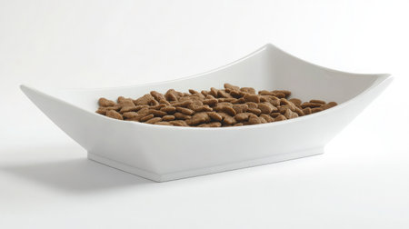 A stylish and modern white dish filled with dry pet food, showcasing the texture of kibble in a clean, minimalist environment perfect for pet care imagery.の素材