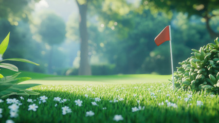 A serene golf course scene featuring a red flag marking the hole amidst lush green grass and delicate white flowers, bathed in soft natural light for a tranquil atmosphere.の素材