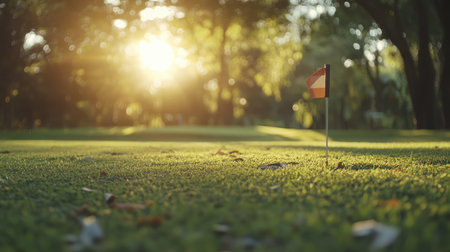 A serene view of a golf course green during sunset, featuring a flag and surrounded by lush trees. This enchanting scene captures the essence of leisure and nature's beauty.の素材