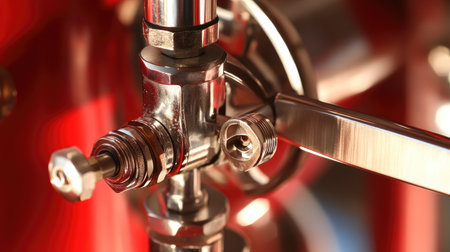 A detailed close-up of a metal valve component highlighting precision engineering and chrome finishing, set against a vibrant red backdrop, ideal for technical and industrial applications.の素材