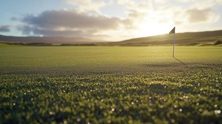 This image captures a tranquil golf course scene at sunset, showcasing a lush green field with a flag marking the hole, perfect for outdoor and nature lovers.の素材