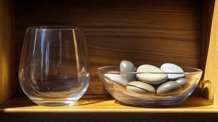 A serene display featuring smooth stones in a clear glass bowl beside an empty drinking glass. This minimalist arrangement highlights natural beauty on a wooden shelf.の素材