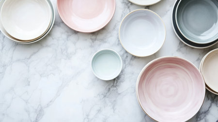 A collection of elegantly designed pastel plates arranged on a marble surface, showcasing a stylish and inviting dining atmosphere perfect for modern table settings.の素材