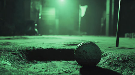 A close-up view of a golf ball positioned near a hole in a dimly lit indoor space, enhanced by green lighting that creates a mysterious atmosphere of expectation and excitement.の素材