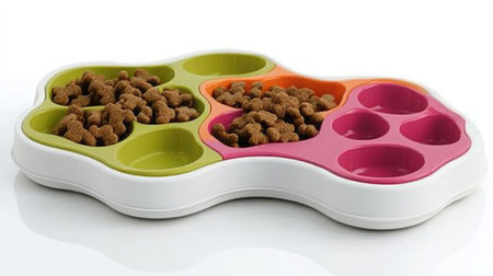 This vibrant dog feeding station features multiple compartments, promoting organized meals and enhancing your pet's feeding experience with style and convenience.の素材