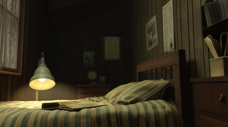 A cozy bedroom featuring soft lighting and a striped bedspread. Vintage decor adds charm, making this space inviting and perfect for relaxation and quiet reading time.の素材