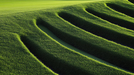 Close-up view of lush green grass arranged in smooth, undulating waves, showcasing intricate patterns and textures under soft natural light, ideal for nature-themed projects.の素材