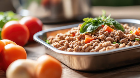 A mouthwatering ground meat dish featuring fresh vegetables and aromatic basil, beautifully presented on a rustic kitchen table, perfect for healthy meal inspiration.の素材