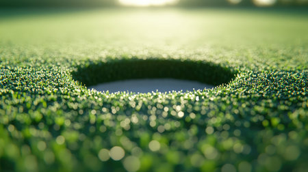 A serene close-up view of a golf hole on a well-manicured grassy surface, bathed in soft natural light and featuring a beautiful bokeh effect that enhances the ambiance.の素材