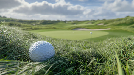 A detailed close-up of a golf ball resting on green grass, showcasing the beauty of a golf course landscape with a vibrant sky and serene surroundings. Perfect for sports themes.の素材