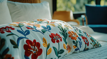 This image features a beautifully embroidered pillow with vibrant floral designs placed on a cozy bed, accentuating a modern and inviting interior atmosphere.の素材