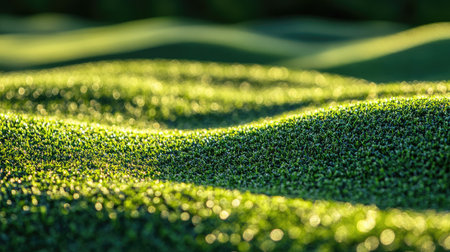 A mesmerizing close-up of lush green grass captured in soft natural light, revealing intricate textures and peaceful undulating patterns, perfect for nature enthusiasts and designers.の素材