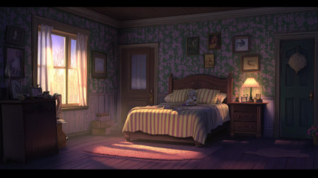 A serene and cozy bedroom scene featuring floral wallpaper and soft bedding, illuminated by warm sunlight, creating a peaceful and inviting atmosphere. Perfect for relaxation.の素材