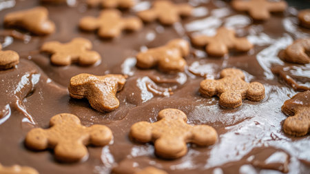 Festive gingerbread cookies beautifully arranged on a rich chocolate surface, ideal for holiday gatherings, family celebrations, and sweet culinary moments during winter.の素材
