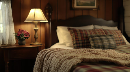 Experience the charm of a cozy bedroom featuring warm lighting, rustic decor, and classic bedding, creating a perfect retreat for relaxation and comfort.の素材