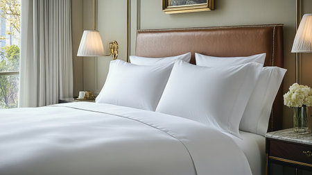This image captures a luxurious hotel bedroom featuring elegant white bedding, stylish pillows, and warm decor, creating a serene and inviting atmosphere for guests.の素材