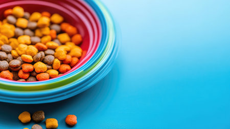 A vibrant image featuring colorful pet food in a round bowl against a bright blue background, showcasing healthy options and playful shapes to attract pet owners and enthusiasts.の素材