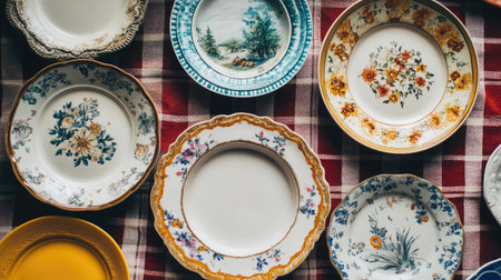A beautiful arrangement of vintage porcelain plates on a checkered tablecloth, featuring intricate floral patterns and scenic images, ideal for home decor and dining inspiration.の素材