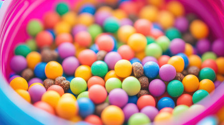 A delightful close-up of a colorful assortment of candy balls in a vibrant container, showcasing an inviting mix of shapes and colors, perfect for parties and celebrations.の素材