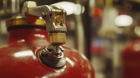 Detailed view of a fire extinguisher valve and handle, emphasizing safety and reliability in emergency situations within an industrial setting.の素材