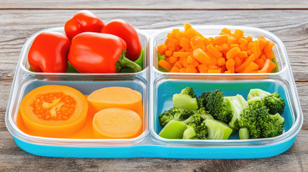 Brightly colored vegetables arranged in a divided container on a rustic wooden table create an appealing and healthy meal prep option for nutritious eating.の素材