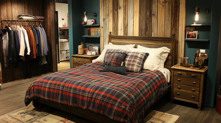 This cozy rustic bedroom showcases a charming wooden headboard and plaid bedding, ideal for a welcoming atmosphere, enhanced by soft lighting and stylish decor.の素材