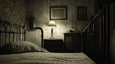 This vintage bedroom scene showcases an inviting atmosphere with soft lighting and classic furnishings. Perfect for evoking feelings of nostalgia and comfort in any setting.の素材