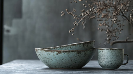 A serene still life featuring elegant ceramic bowls and a cup with a speckled glaze, beautifully arranged on a rustic table, creating a minimalist aesthetic.の素材
