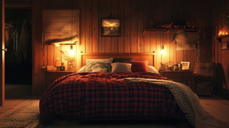 This inviting rustic bedroom showcases warm lighting and wooden walls, creating a cozy atmosphere perfect for relaxation and peaceful rest after a long day.の素材