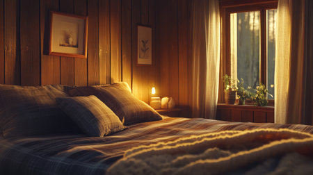 A serene and cozy bedroom showcasing soft lighting, inviting textiles, and natural elements, perfect for creating a calm and relaxing atmosphere at home.の素材