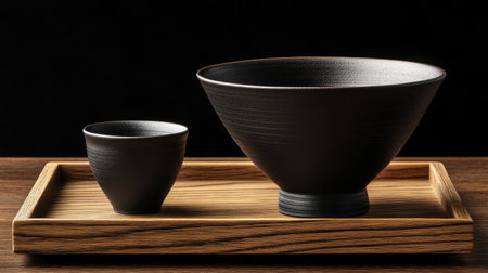 Stylish black ceramic bowls and cups are beautifully arranged on a wooden tray, embodying a minimalist aesthetic perfect for modern kitchen or dining table decor.の素材