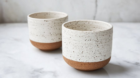 Two beautifully crafted ceramic cups with a minimalist design. The textured white finish contrasts with the earthy brown base, ideal for enhancing any home decor.の素材