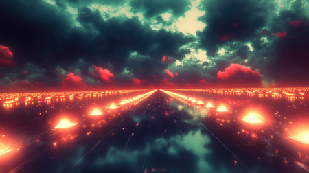 A stunning digital artwork depicting a vibrant landscape filled with neon lights and dramatic clouds, creating a captivating and mysterious atmosphere perfect for creative projects.の素材