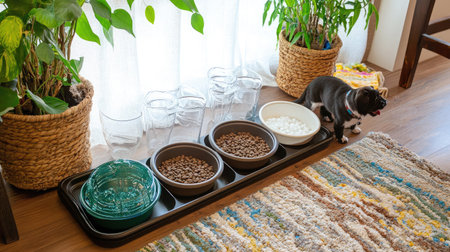 A charming pet feeding station featuring bowls for dog and cat, surrounded by decorative plants and glassware, showcasing a cozy indoor atmosphere with natural light.の素材