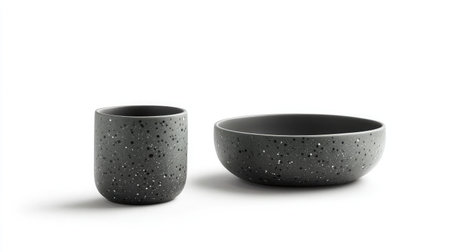 Modern gray bowl and cup set with a unique speckled finish, ideal for enhancing dining experiences, kitchen aesthetics, and contemporary home decor with stylish functionality.の素材