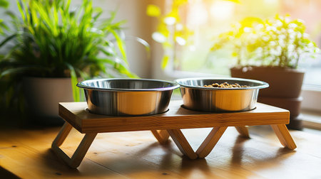 A stylish setup featuring stainless steel pet bowls on a modern wooden stand, surrounded by lush greenery, creating a warm and inviting atmosphere in a bright room.の素材