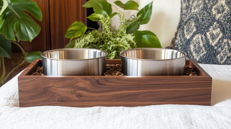 Elevate your pet's dining experience with this modern feeding station featuring stainless steel bowls in a stylish wooden base, perfect for cozy interior spaces.の素材