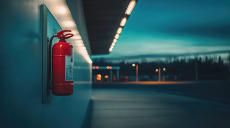 A vibrant red fire extinguisher is securely mounted on a wall within an industrial setting, creating a striking contrast against the dim, twilight background filled with soft blue and orange hues.の素材