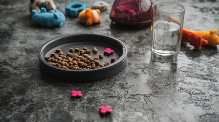 A dynamic pet feeding scene showcasing a bowl of crunchy kibble, a refreshing glass of water, and an array of vibrant toys on a textured surface, ideal for playful pets and owners alike.の素材