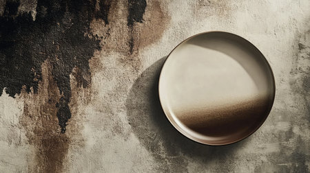 A round, smooth plate resting on a uniquely textured background. The combination of earthy colors and captivating gradients adds elegance, suitable for culinary art or stylish decor.の素材