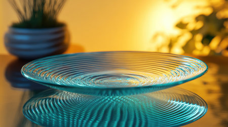 A stunning glass plate featuring a unique rippled design that reflects soft colors and light, perfect for enhancing table settings and adding a touch of elegance to any decor.の素材