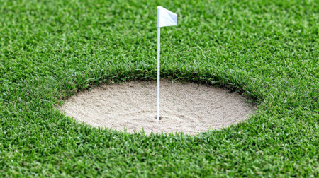 Captivating view of a small golf hole with a white flag nestled in sand, surrounded by vibrant green grass, inviting players for a day of outdoor fun and competition.の素材