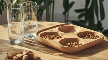 Charming wooden serving tray filled with assorted nuts alongside two clear glasses of water on a sunlit table, creating a warm and inviting atmosphere perfect for any gathering.の素材