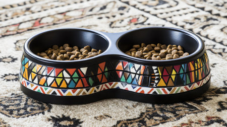 A chic dual pet food bowl featuring a colorful geometric design, ideal for enhancing pet feeding areas while adding a touch of style to any home dの素材